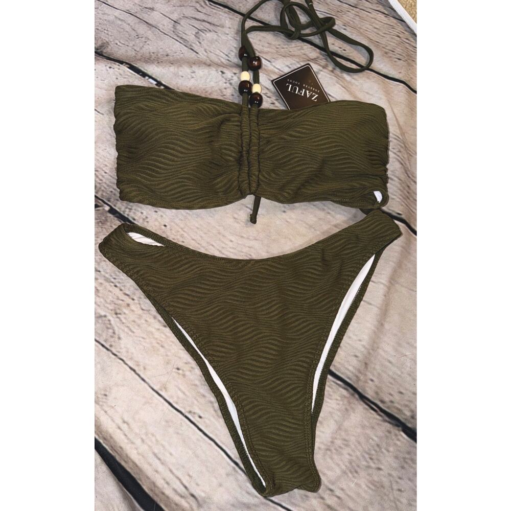 Zaful Textured Bandeau Halter Bikini Swimsuit Green Women’s M